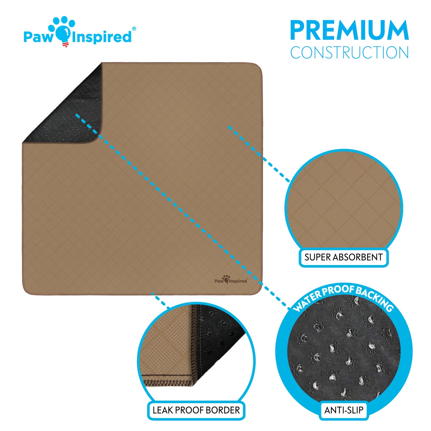 41x41" Paw Inspired Washable Puppy Training Pads, Reusable Dog Pads
