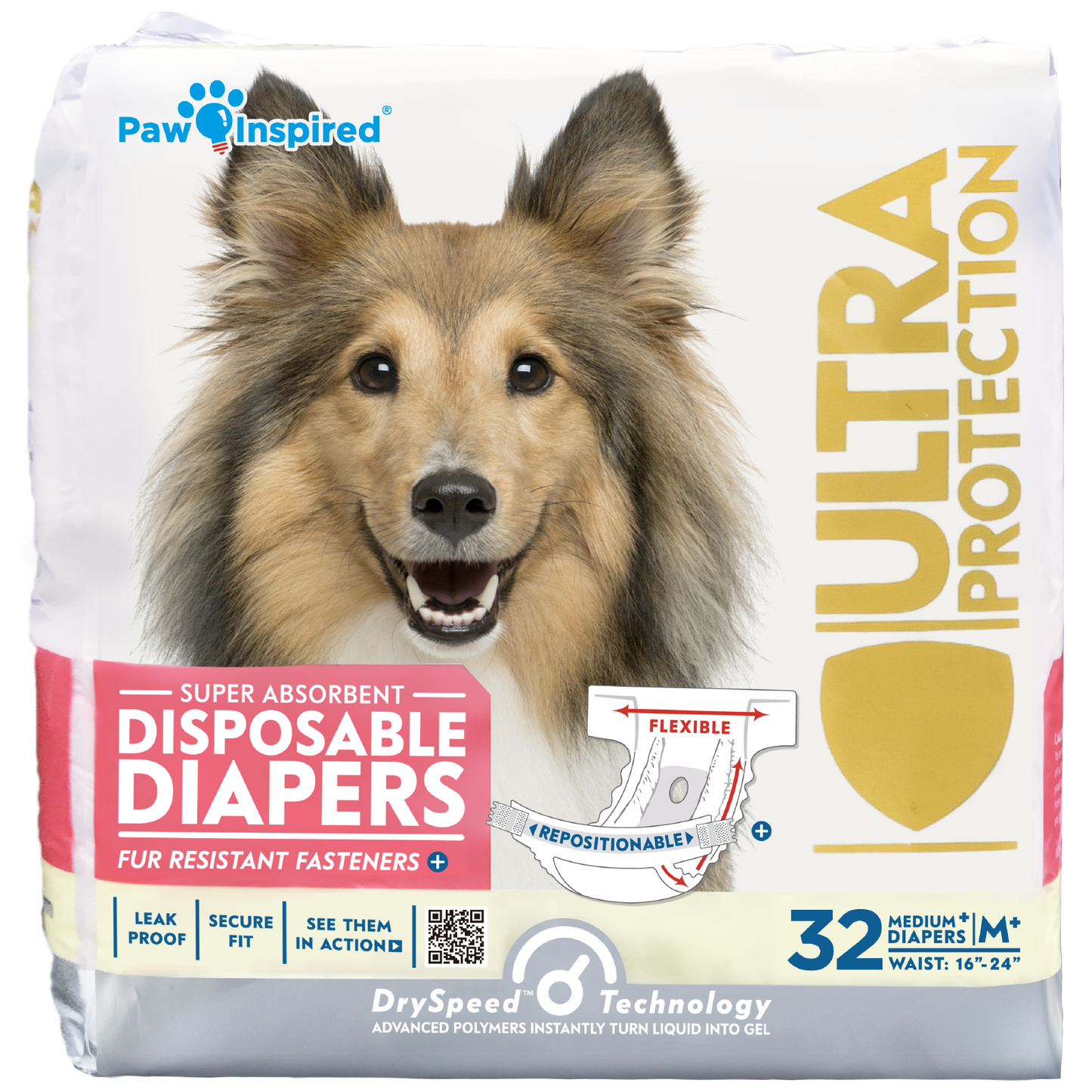 32ct Paw Inspired Ultra Protection Female Disposable Dog Diapers, Medium Plus