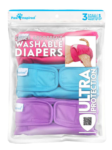 3ct Paw Inspired Ultra Protection Washable Dog Diapers, Reusable, Female, Assorted (White Lining), Small