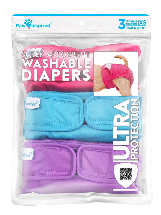 3ct Paw Inspired Ultra Protection Washable Dog Diapers, Reusable, Female, Assorted (Black Lining), Extra Small