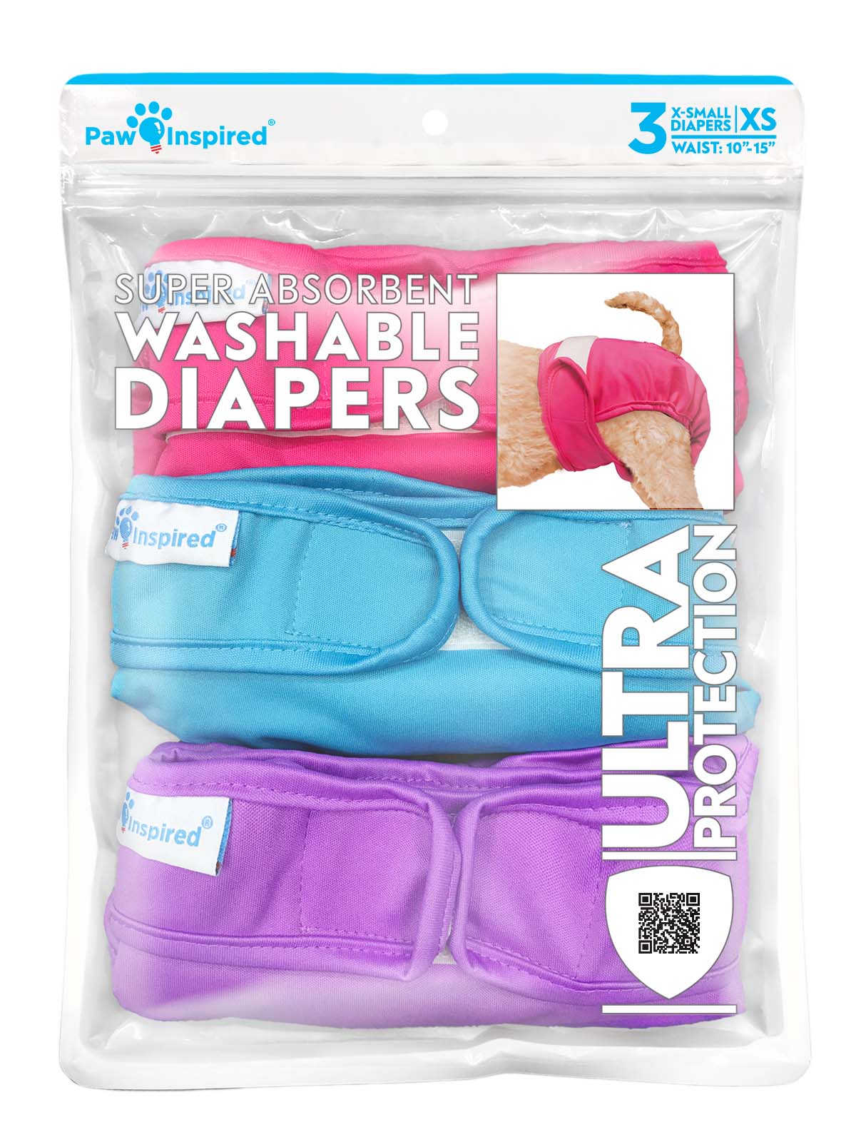 3ct Paw Inspired Ultra Protection Washable Dog Diapers, Reusable, Female, Extra Small