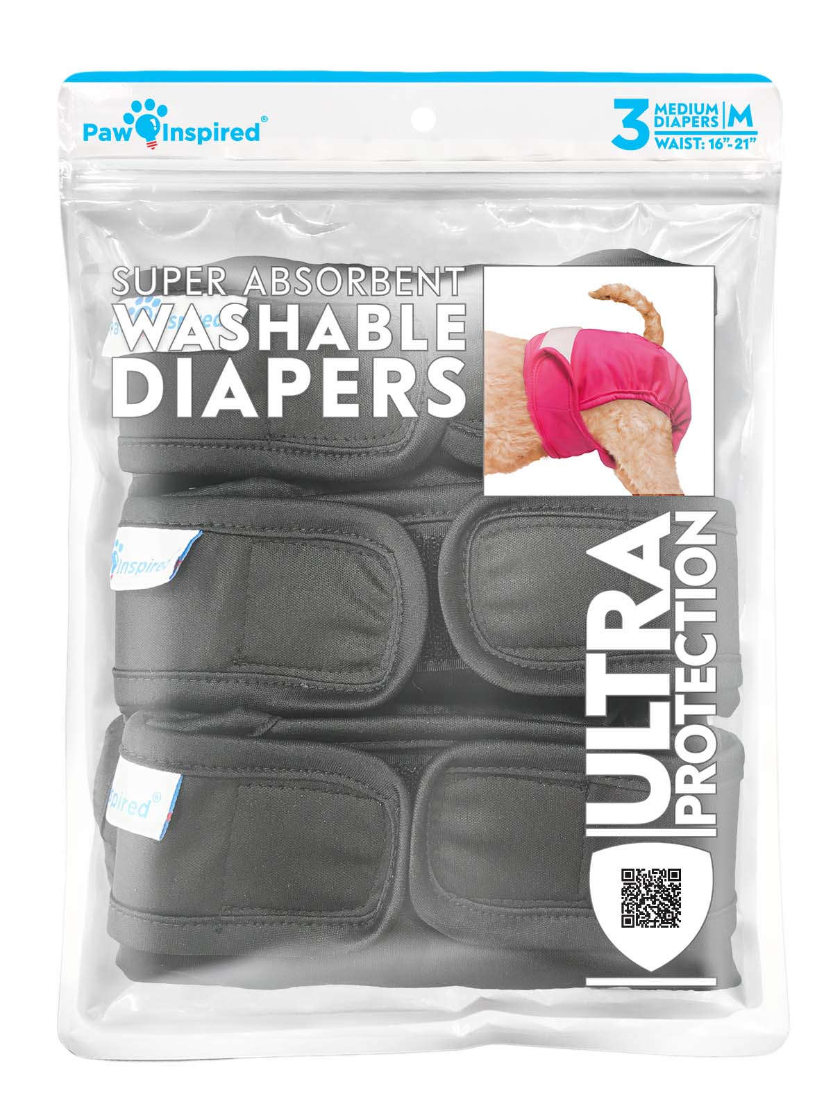 3ct Paw Inspired Ultra Protection Washable Dog Diapers, Reusable, Female, Black (Black Lining), Medium