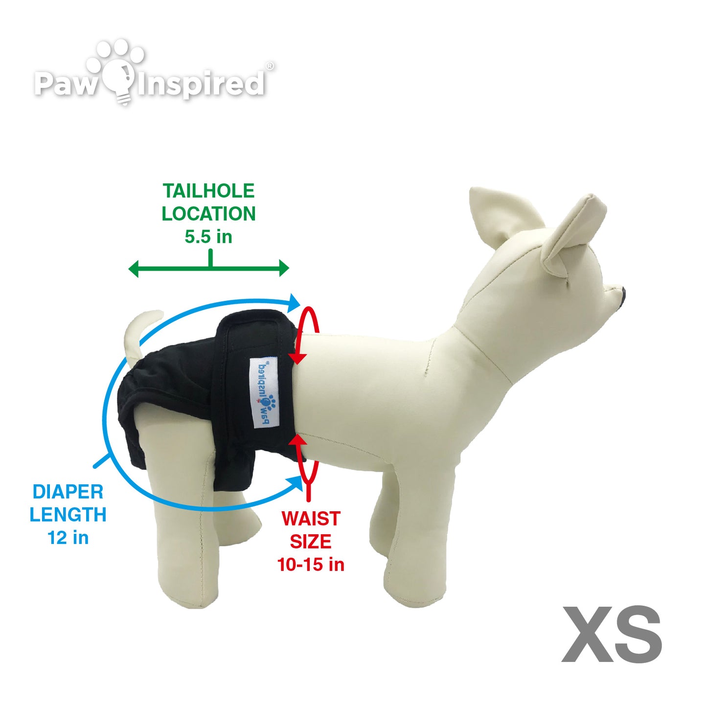 3ct Paw Inspired Ultra Protection Washable Dog Diapers, Reusable, Female, Black (Black Lining), Extra Small