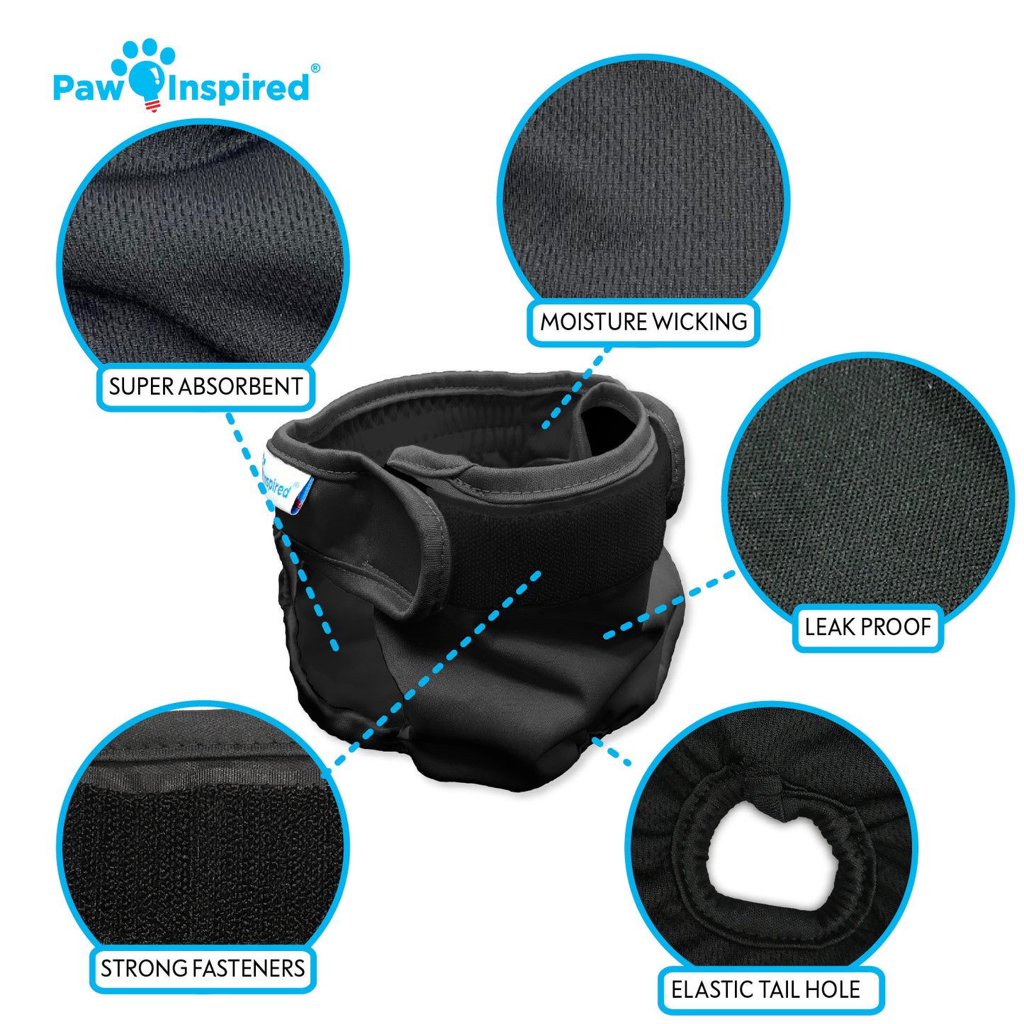 3ct Paw Inspired Ultra Protection Washable Dog Diapers, Reusable, Female, Black (Black Lining), Extra Small
