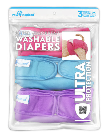 3ct Paw Inspired Ultra Protection Washable Dog Diapers, Reusable, Female, Medium