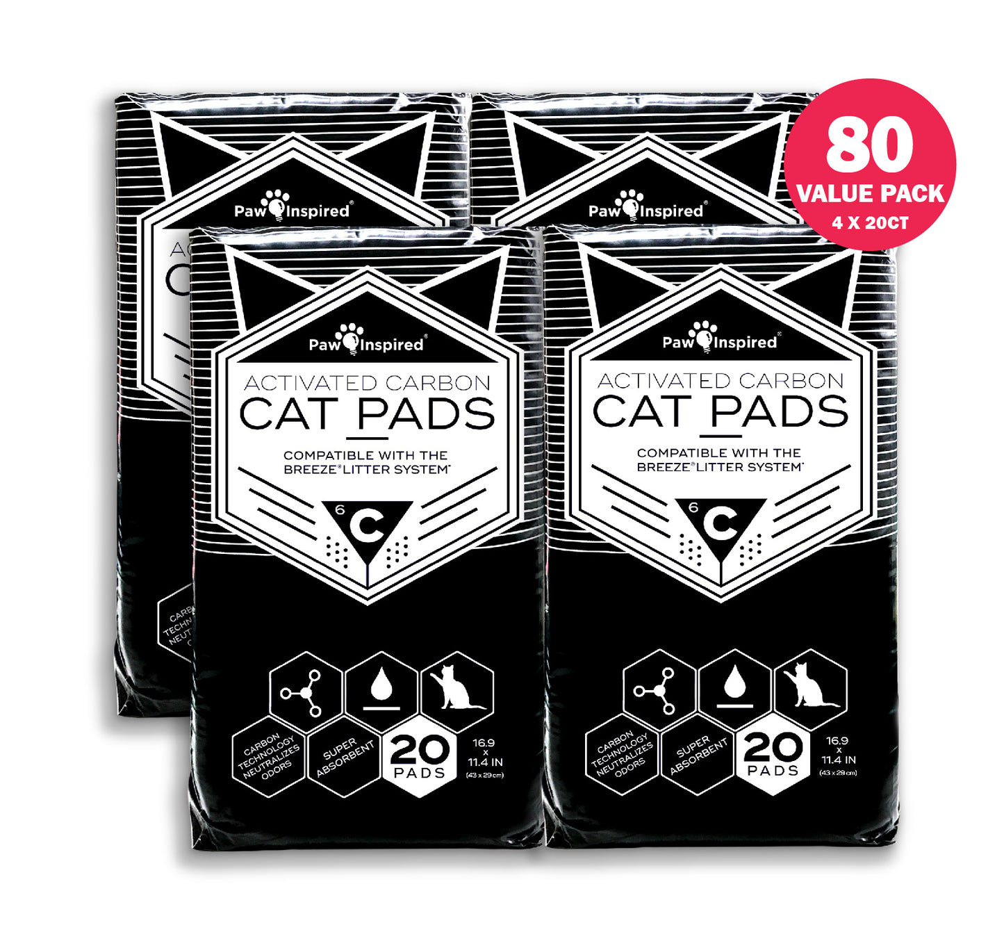 80ct Paw Inspired Activated Carbon Cat Pads for Breeze Tidy Cat Litter System 16.9" x 11.4"