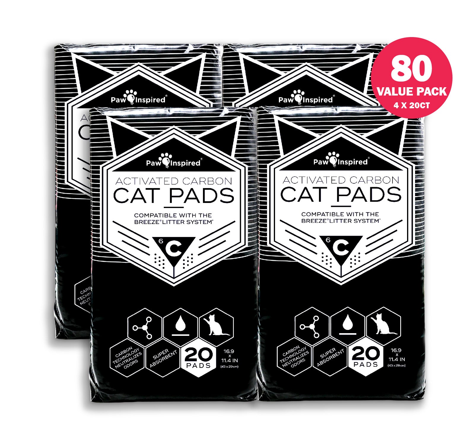 80ct Paw Inspired Activated Carbon Cat Pads for Breeze Tidy Cat Litter System 16.9" x 11.4"