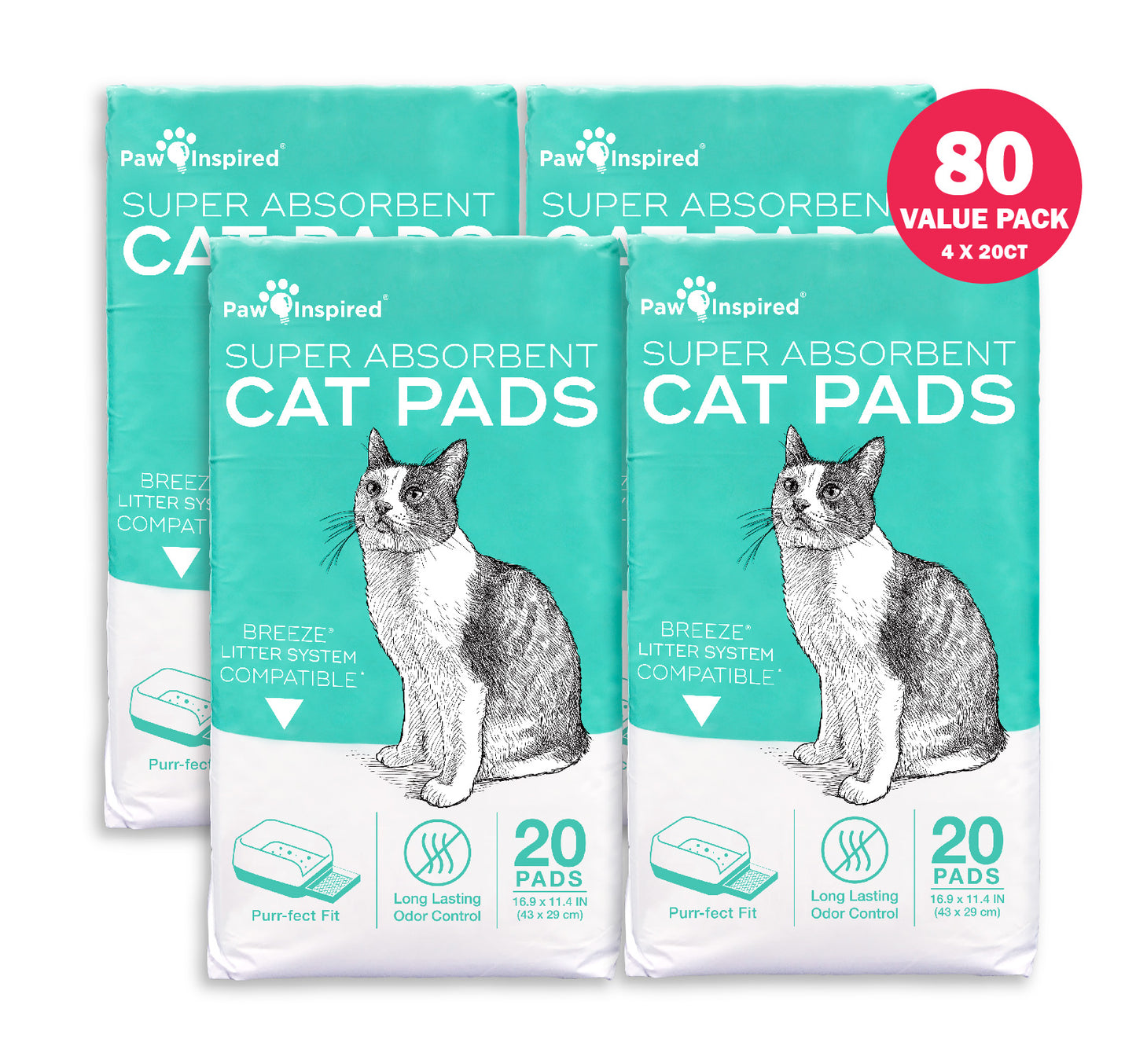 80ct Paw Inspired Generic Refill Cat Pads for Breeze Tidy Cat Litter System 16.9"x11.4"