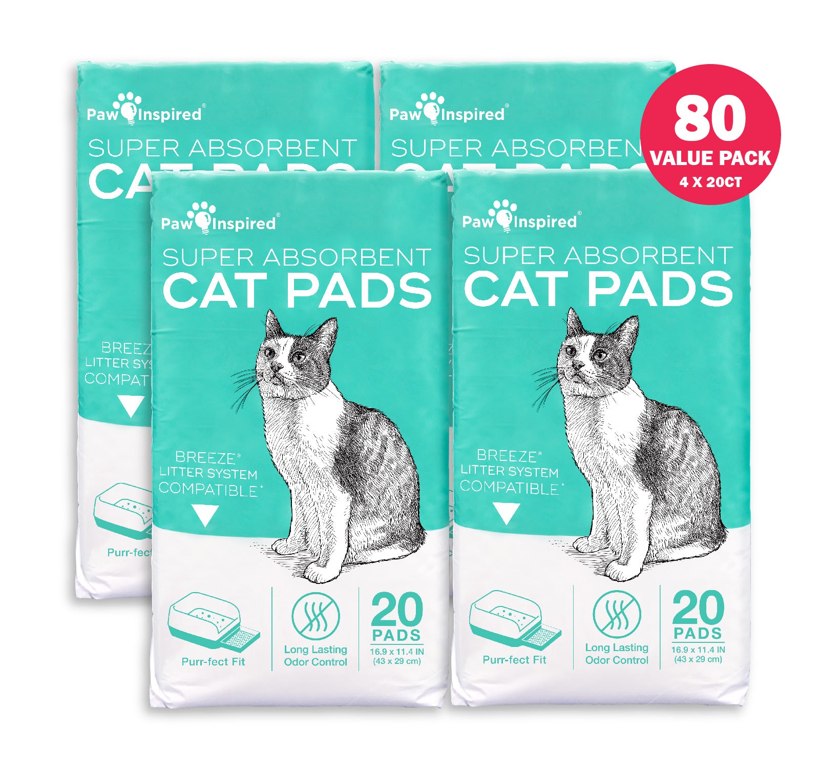 80ct Paw Inspired Generic Refill Cat Pads for Breeze Tidy Cat Litter System 16.9"x11.4"