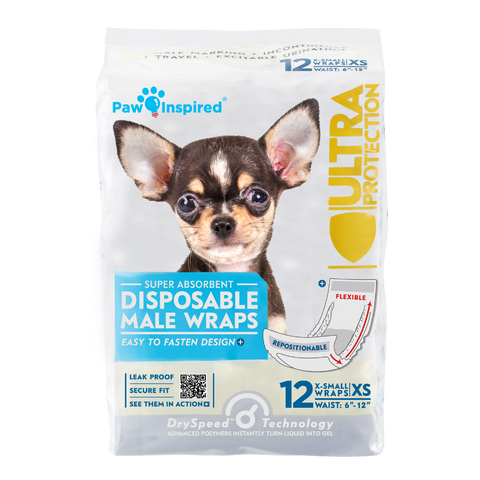 12ct Paw Inspired Ultra Protection Disposable Male Wraps (Belly Bands) Bulk, X-Small