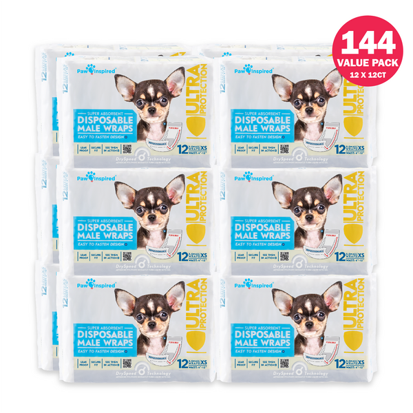 144ct Paw Inspired Ultra Protection Disposable Male Wraps (Belly Bands) Bulk, X-Small