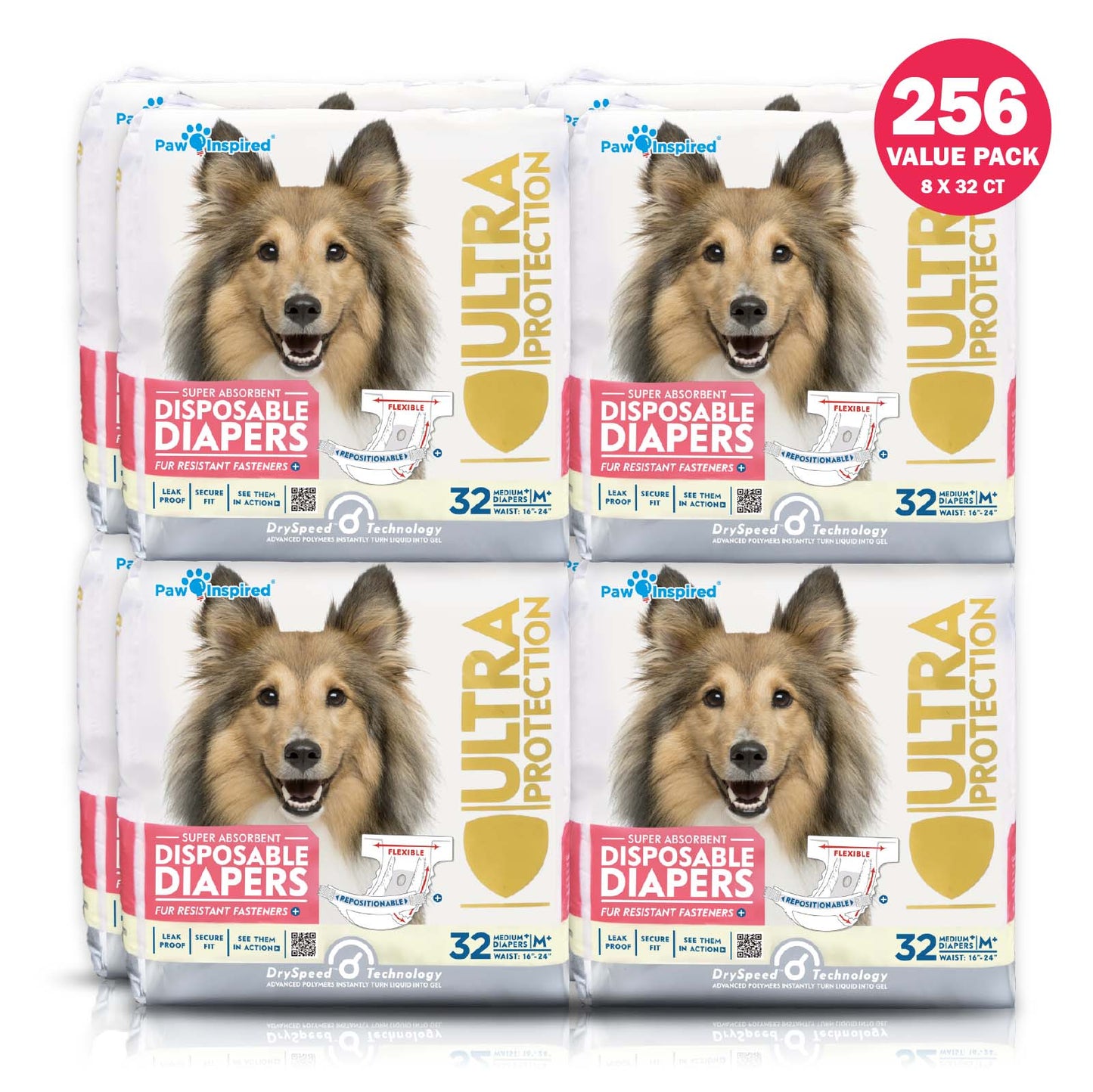 256ct Paw Inspired Ultra Protection Female Disposable Dog Diapers, Medium Plus, Bulk