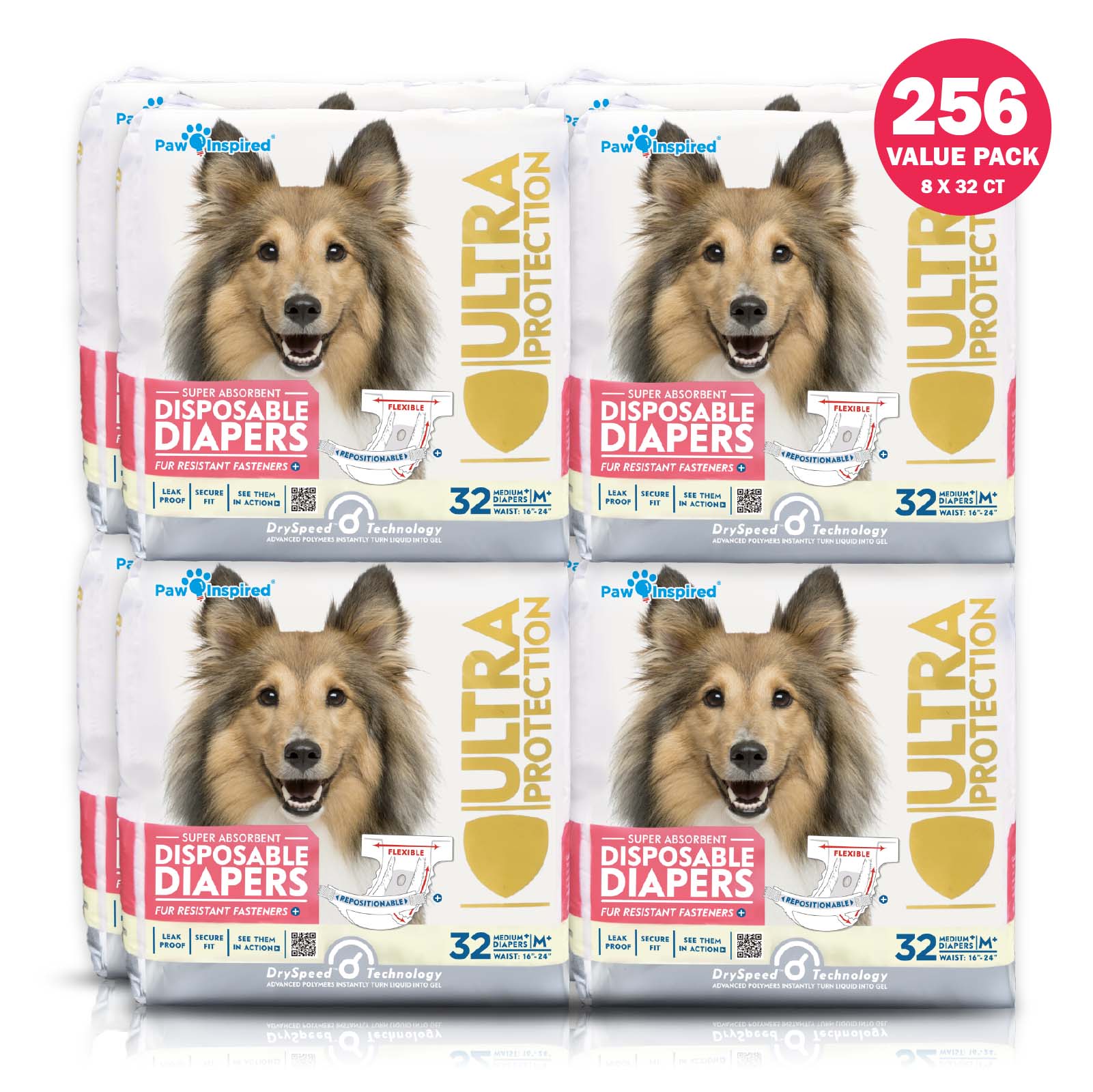 256ct Paw Inspired Ultra Protection Female Disposable Dog Diapers, Medium Plus, Bulk