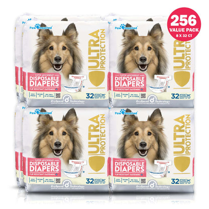 256ct Paw Inspired Ultra Protection Female Disposable Dog Diapers, Medium Plus, Bulk