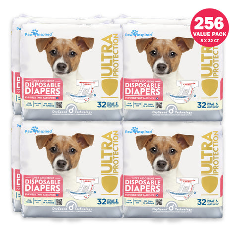 256ct Paw Inspired Ultra Protection Female Disposable Dog Diapers, Small, Bulk