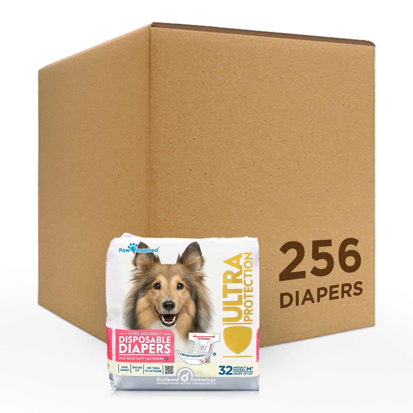 256ct Paw Inspired Ultra Protection Female Disposable Dog Diapers, Medium Plus, Bulk