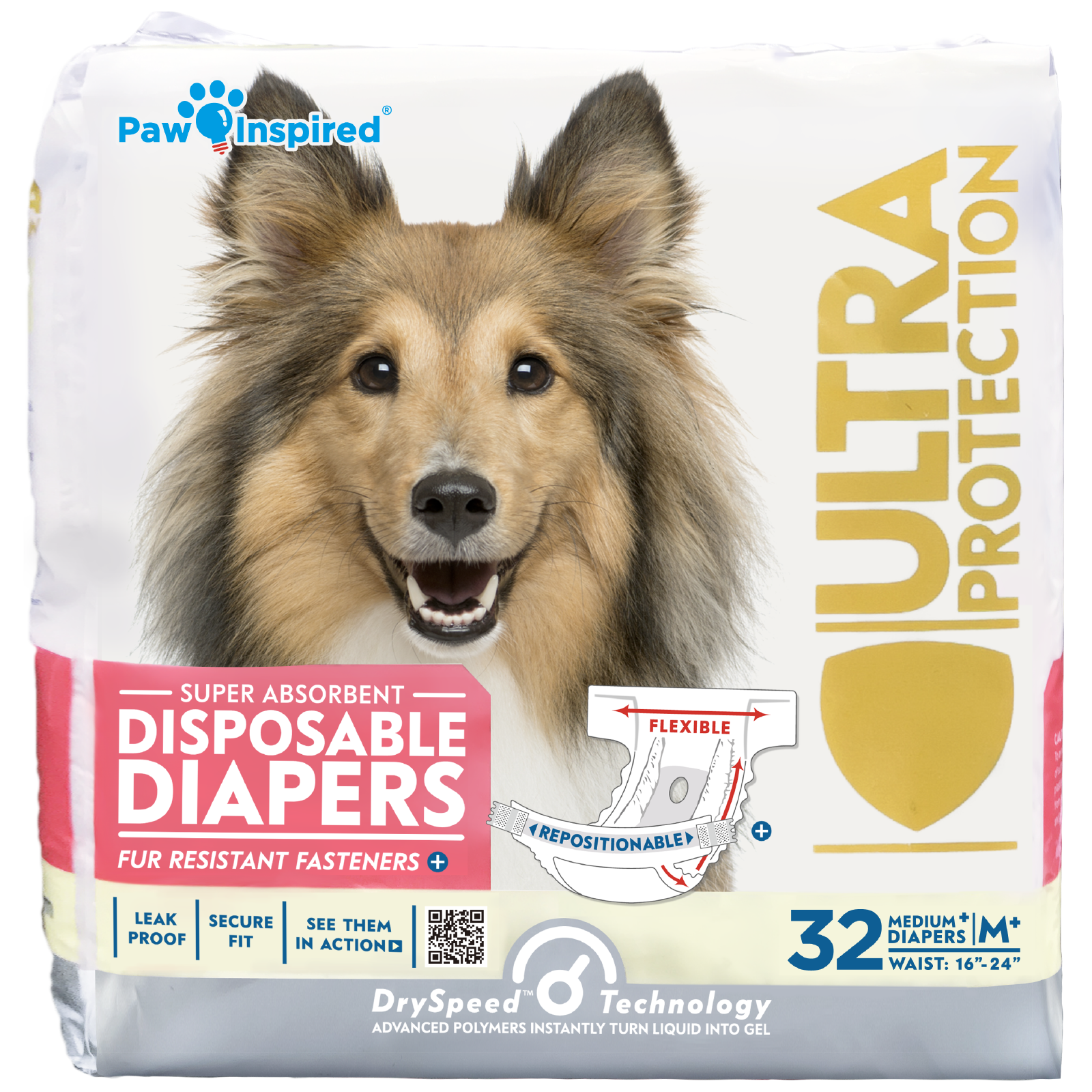 128ct Paw Inspired Ultra Protection Female Disposable Dog Diapers, Medium Plus