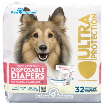 128ct Paw Inspired Ultra Protection Female Disposable Dog Diapers, Medium Plus