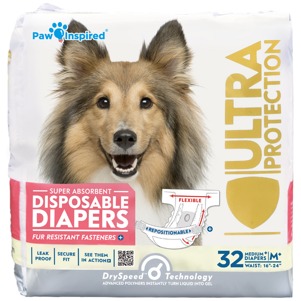 32ct Paw Inspired Ultra Protection Female Disposable Dog Diapers, Medium Plus