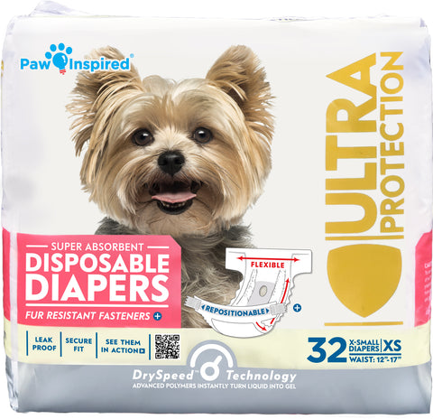 32ct Paw Inspired Ultra Protection Female Disposable Dog Diapers, Extra Small