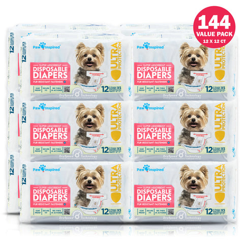 144ct Paw Inspired Ultra Protection Female Disposable Dog Diapers, Extra Small