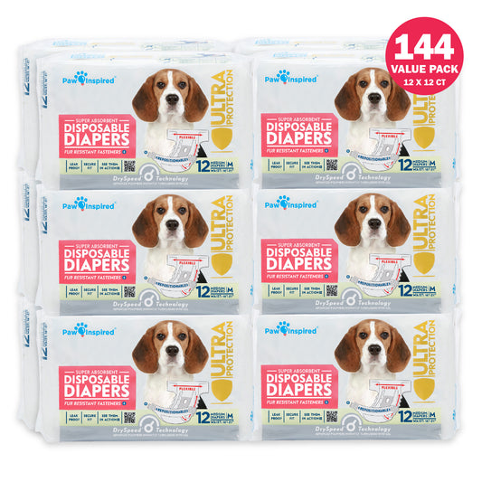 144ct Paw Inspired Ultra Protection Female Disposable Dog Diapers, Medium