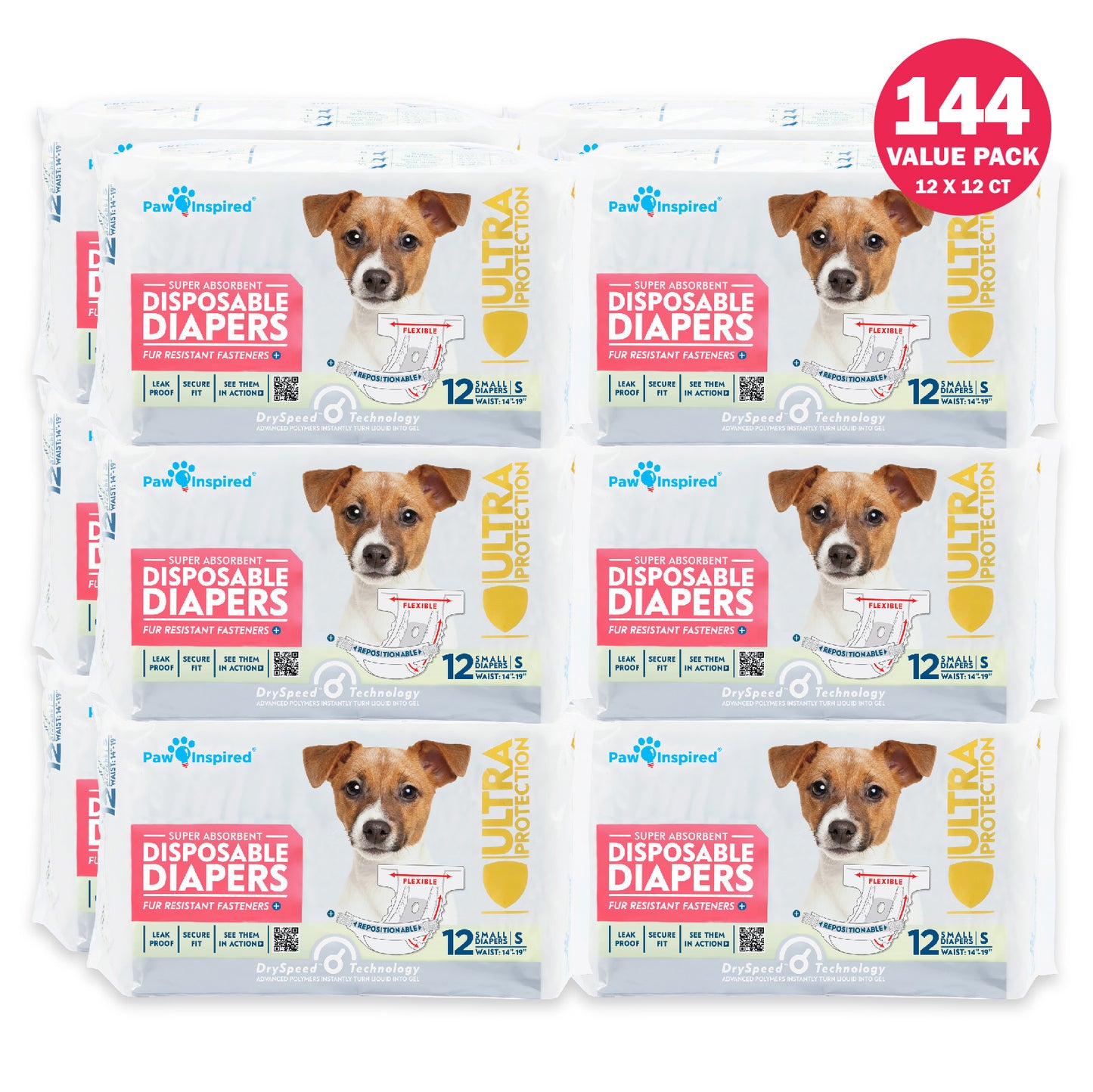 144ct Paw Inspired Ultra Protection Female Disposable Dog Diapers, Small