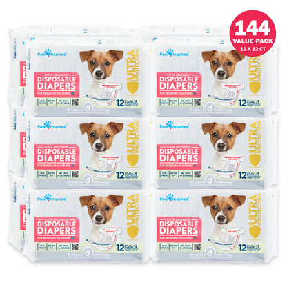 144ct Paw Inspired Ultra Protection Female Disposable Dog Diapers, Small