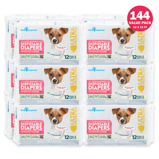 144ct Paw Inspired Ultra Protection Female Disposable Dog Diapers, Small