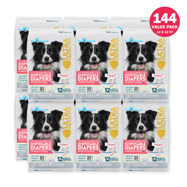 144ct Paw Inspired Ultra Protection Female Disposable Dog Diapers, Large