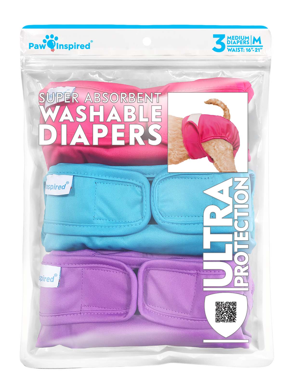 3ct Paw Inspired Ultra Protection Washable Dog Diapers, Reusable, Female, Assorted (Black Lining), Medium