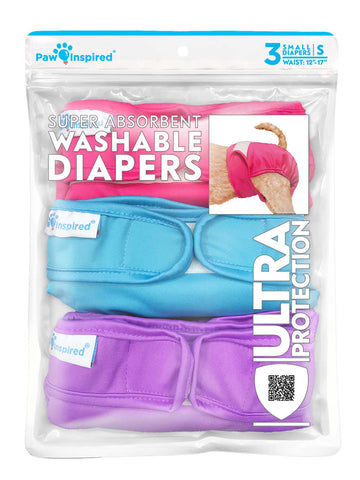 3ct Paw Inspired Ultra Protection Washable Dog Diapers, Reusable, Female, Small