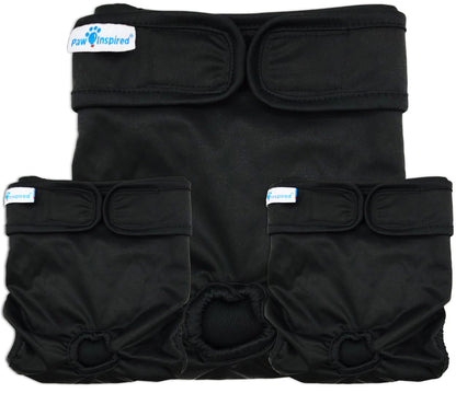 3ct Paw Inspired Ultra Protection Washable Dog Diapers, Reusable, Female, Black (Black Lining), Small