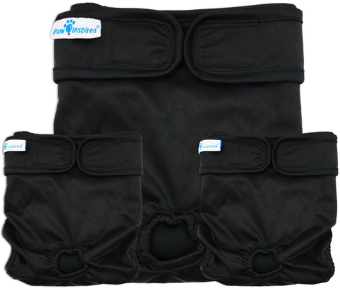 3ct Paw Inspired Ultra Protection Washable Dog Diapers, Reusable, Female, Black (Black Lining), Extra Small