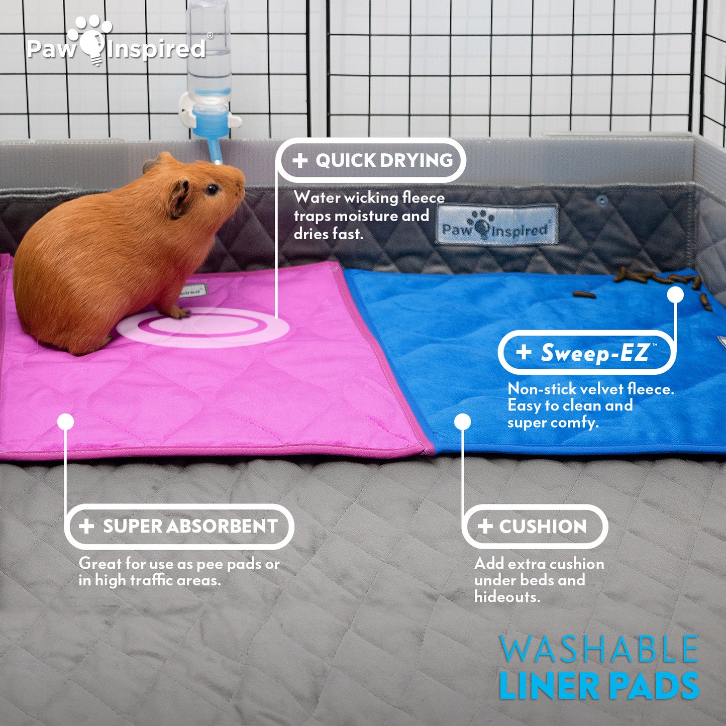 3ct Paw Inspired Washable 12”x12” Guinea Pig Liner Pads