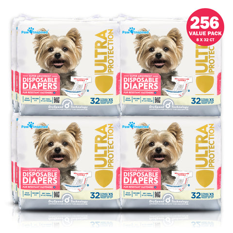 256ct Paw Inspired Ultra Protection Female Disposable Dog Diapers, X-Small, Bulk