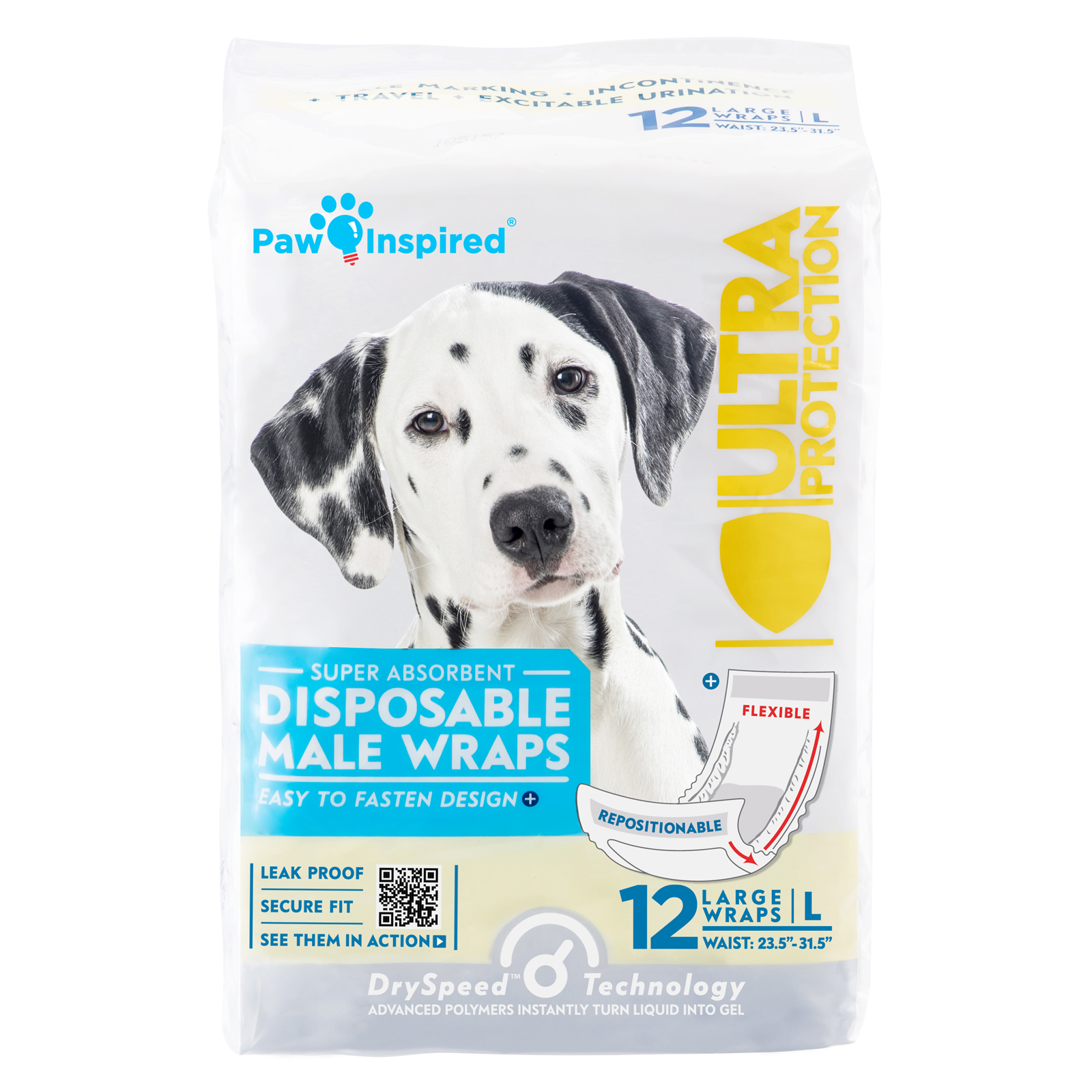72ct Paw Inspired Ultra Protection Disposable Male Wraps (Belly Bands) Bulk, Large