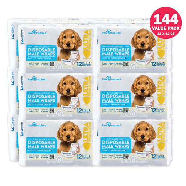 144ct Paw Inspired Ultra Protection Disposable Male Wraps (Belly Bands) Bulk, Small