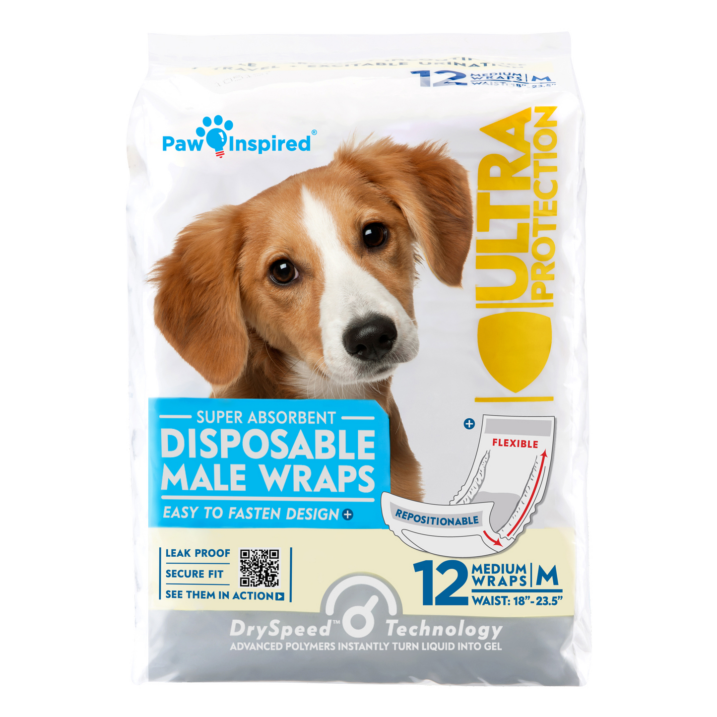 144ct Paw Inspired Ultra Protection Disposable Male Wraps (Belly Bands) Bulk, Medium