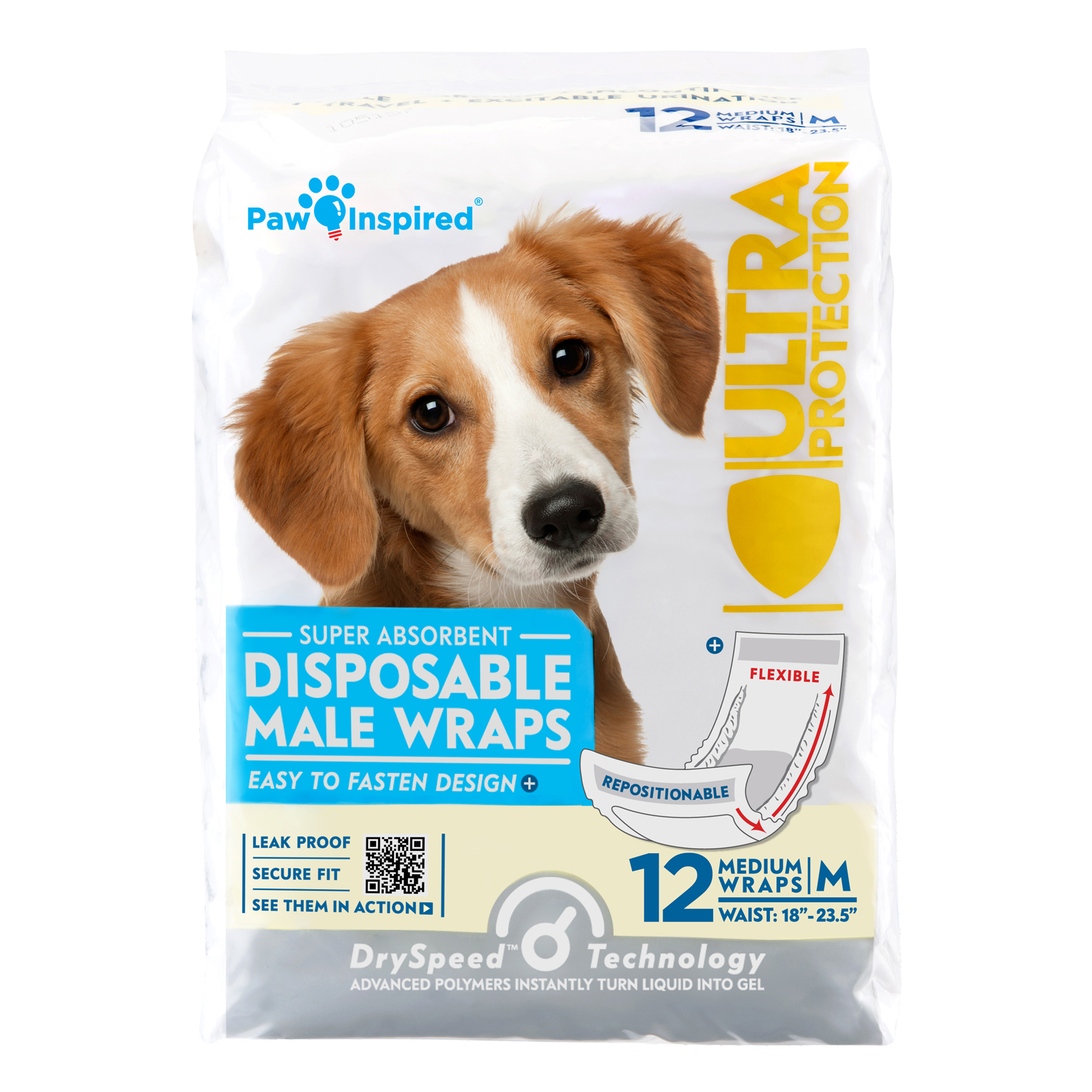 144ct Paw Inspired Ultra Protection Disposable Male Wraps (Belly Bands) Bulk, Medium