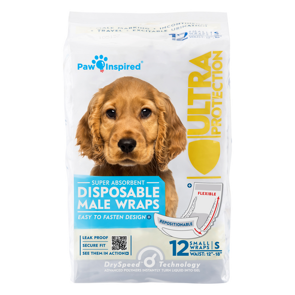 12ct Paw Inspired Ultra Protection Disposable Male Wraps (Belly Bands) Bulk, Small