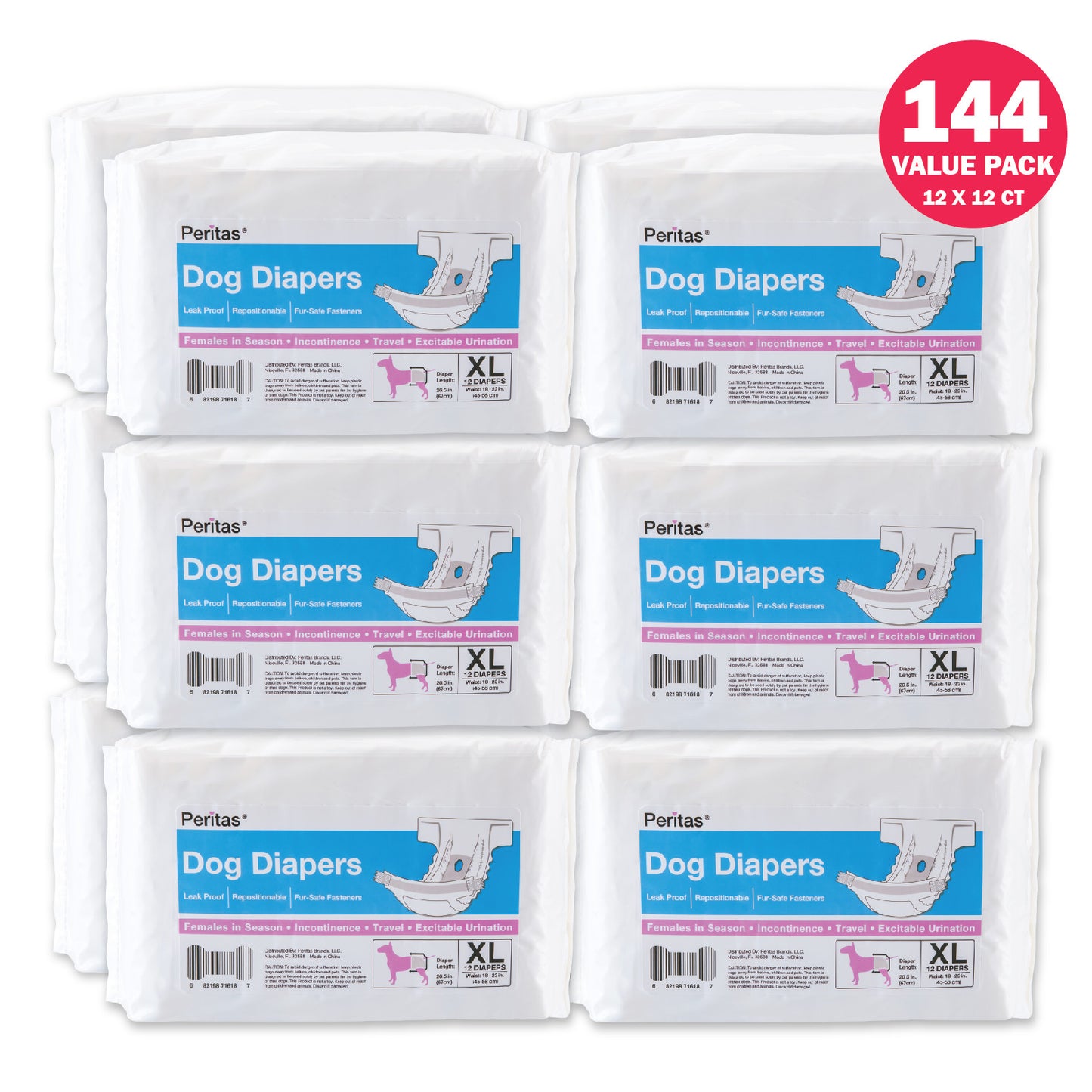 144ct Peritas Female Disposable Dog Diapers, Extra Large