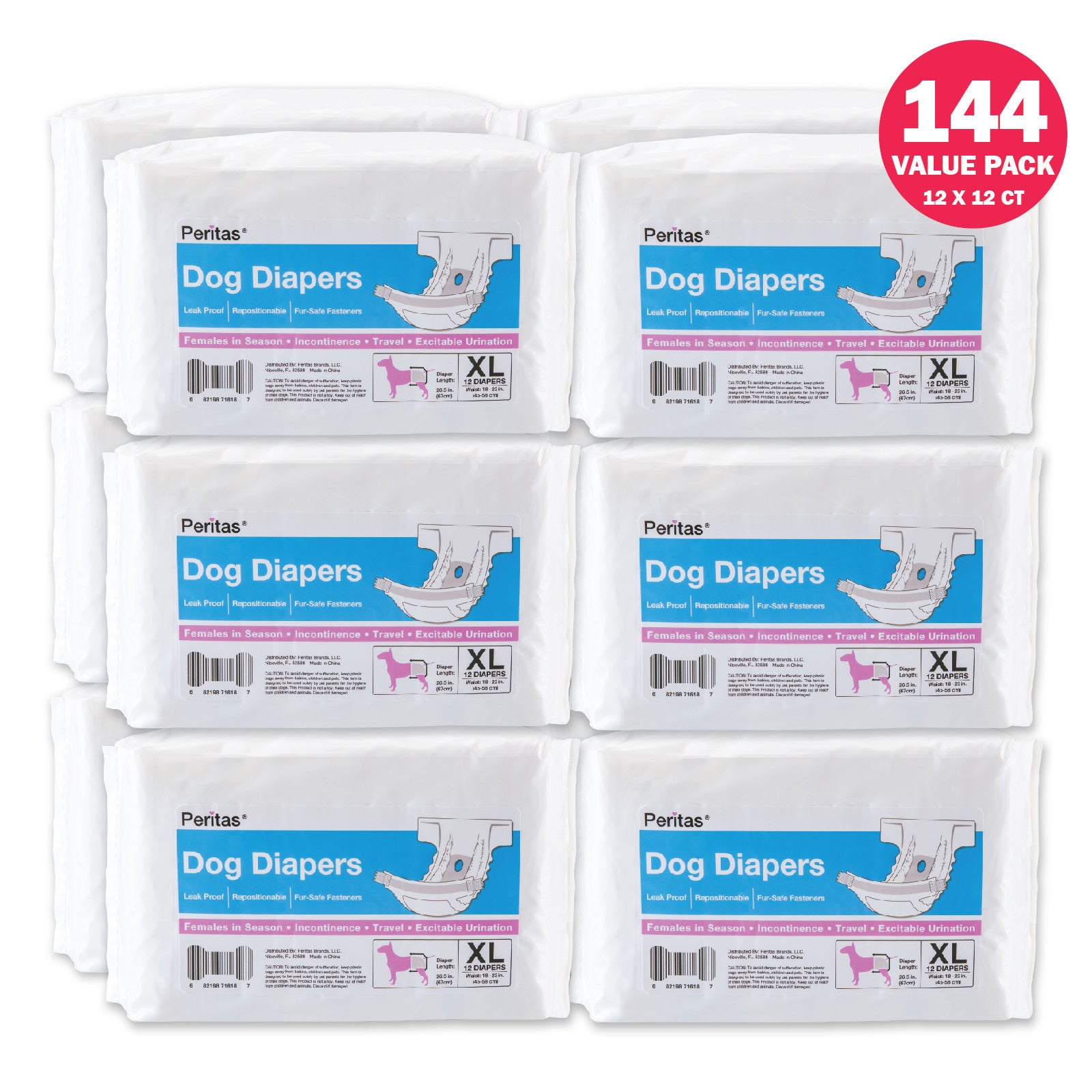 144ct Peritas Female Disposable Dog Diapers, Extra Large