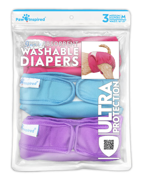 3ct Paw Inspired Ultra Protection Washable Dog Diapers, Reusable, Female, Medium